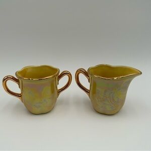 Vintage Iridescent Yellow Creamer and Sugar with Gold Handles